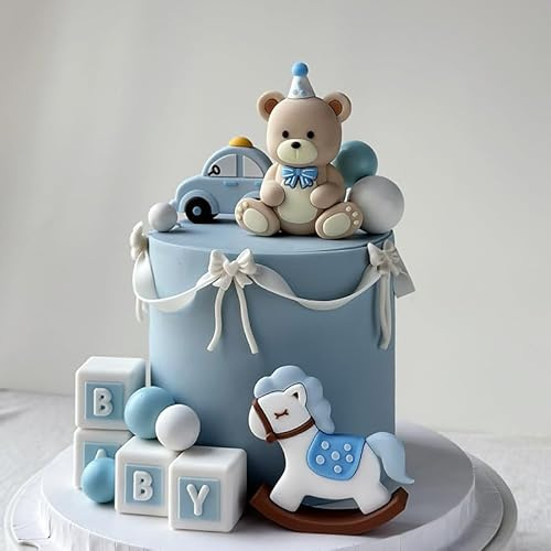 Decorazione Torta Orsacchiotto, Blu Decorazione per Torte con Orsacchiotto Topper Torta Orso, Decorazione Della Torta Dell'Orso Battesimo Bimba Decorazioni per Torte, 19 Pezzi