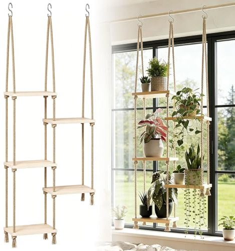 Estantería Plantas Colgantes de 5 Niveles, Repisa Madera y Cuerda de Algodón Boho, Soporte Plantas Interior para Pared, Estante Colgante Decorativo para Baño, Cocina y Salón, Regalo Original, 116x45cm