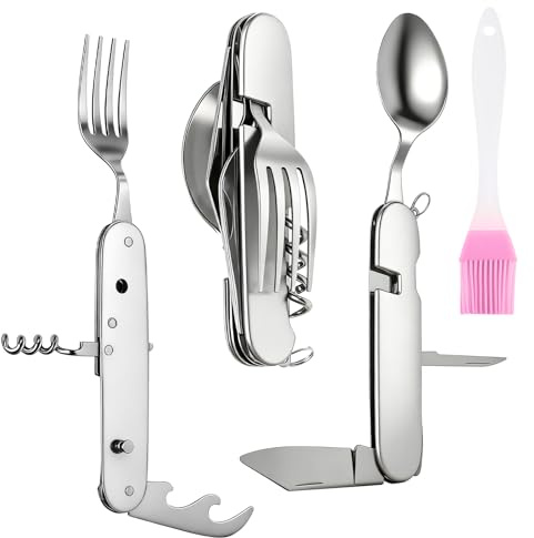 SLIAXINT 6 in 1 Posate da Campeggio Pieghevoli Acciaio Inox, Set Posate Multifunzione con Coltello, Cucchiaio, Forchetta, Apribottiglie e Pennello BBQ, Posate Trekking, Survival Outdoor, Picnic