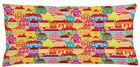 ABAKUHAUS Cityscape Cartoons Throw Pillow Cushion Cover, European Architecture Art Houses with Pillars Fountains Urban View, Decorative Square Accent Pillow Case, 36 X 16 Inches, Multicolor