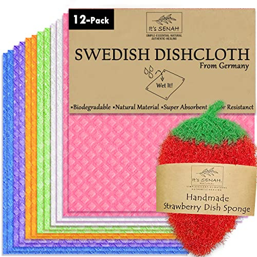 [12Pack+1Loofah Dish Sponge] 100% Natural Biodegradable Swedish Dishcloths for Kitchen | No-Discoloration, No-Odor, Super Absorbent Dish Sponge | Paper Towel, Dust Wipes Replacement