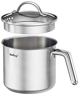 Bollilatte antiaderente con beccuccio, in acciaio inox, con coperchio in vetro, casseruola per far bollire il latte, salse, sughi, pasta, noodles, 14 cm, 1,5 L