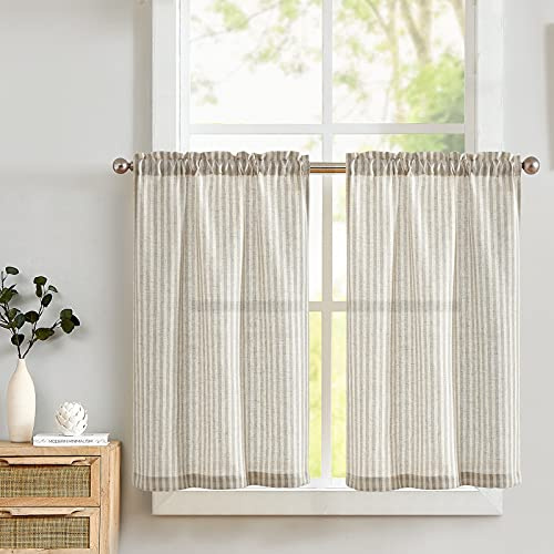 Lazzzy Kitchen Linen Striped Curtains Grey Tier Curatins Cafe Curtains for Bathroom Kitchen Farmhouse 24 Inch Length Rod Pocket Window Treatment Tiers 2 Panels Grey on Beige