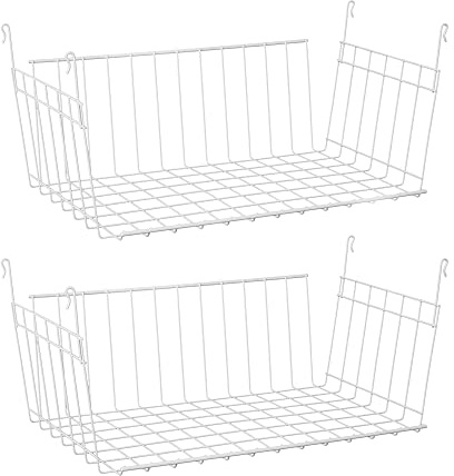 ClosetMaid 17 Inch Wide Hanging Basket Wire Shelving Accessory for Closet Shelves, Pantry Organizer, Kitchen, and Bathroom Storage, 2 Pack, White