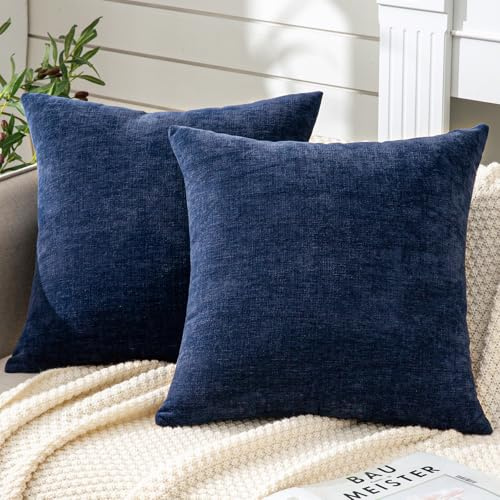 GAWAMAY Decorative Square Throw Pillow Covers 18x18 Inch Set of 2, Super Soft Chenille Pillows Cover Fall Pillowcase for Living Room Bedroom Sofa Couch Cushion Cover Navy Blue 45x45cm (Only Covers)