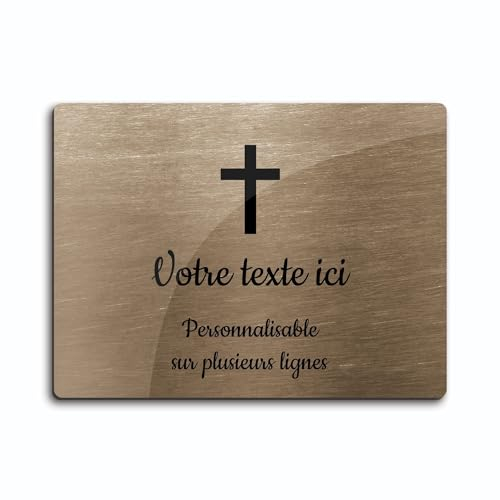 Plaque gravée funéraire motif Croix Chrétienne autocollante modèle rectangle (20x15 cm) personnalisée 1 à 3 lignes Bronze