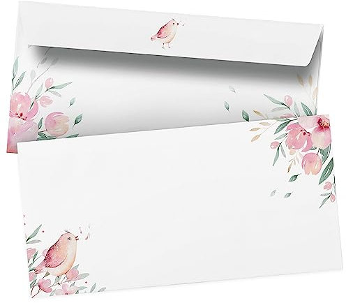 50 Briefumschläge DIN Lang | Romantisch Rosa Spatz| selbstklebend ohne Fenster | Brief-Umschlag mit Design-Motiv bedruckt | 90 g/m²