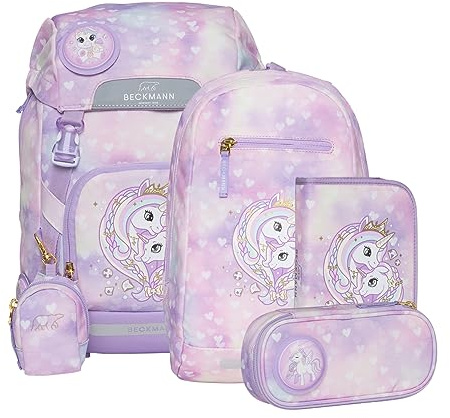 Beckmann, Schulrucksack-Set Classic Unicorn Princess Purple, 6-teilig, Grundschule, ergonomisch, inkl. Regenüberzug, 22L