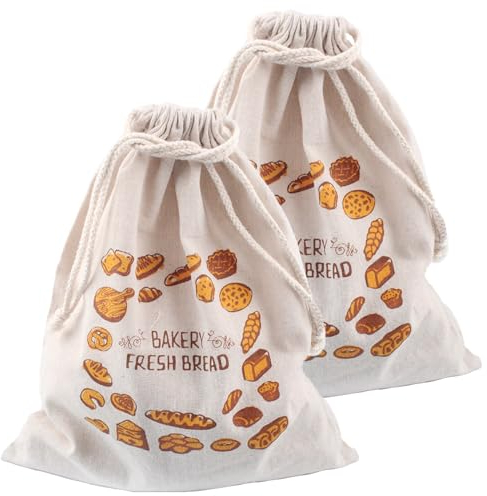 Lot de 2 Sac a Pain Longue Conservation, Sac a Pain Tissu, Sac à Pain Coton Lin, Sacs à Cordon de Pain Réutilisables, Pochettes à Cordon en Coton et Lin pour Emballage Baguette (31x38 cm)