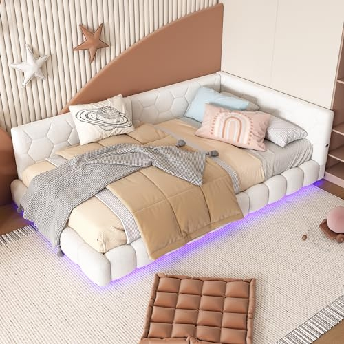 FEZTOY Polsterbett 90x200 mit LED und USB-Anschluss, Bettgestell mit Lattenrost,Tagesbett Schlafsofa Bett Bettsofa Gästebett Jugendbett Einzelbett, ohne Matratze (Weiß, 90x200)