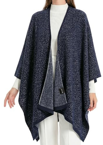 ZLYC Scialle da donna con finiture dorate in maglia, coperta avvolgente con frange poncho cardigan, Colore: blu navy., taglia unica