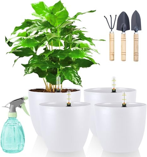 DENUOTOP Macetero de autoriego, maceta con indicador de agua, color blanco, juego de 4 unidades de 18 cm, para plantas de interior y exterior