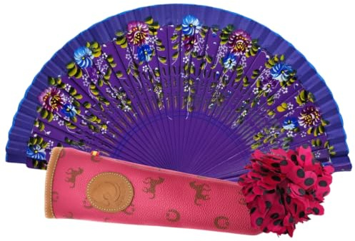 Planta Color Abanico de Madera con Flores Pintadas a Mano. Incluye una Funda para Proteger el Abanico. Pinza de Pelo con Diseño de Flor para Complementar tu estilo (Morado Fucsia)