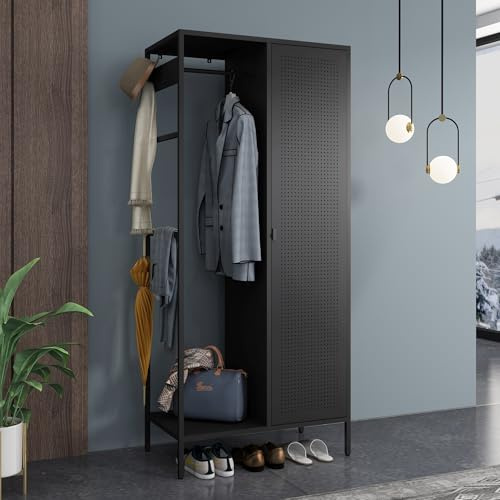 [en.casa] Kleiderschrank Puumala Garderobenschrank 180 x 80 x 45 cm Schlafzimmerschrank Metallschrank mit 4 Fächern und 1 Kleiderstange Ankleideschrank Metall Schwarz