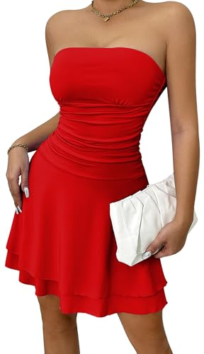 Ausing Mini Robe Épaules Dénudées Femme Sexy Club Robe Bandeau Moulante Courte Plissée Froncée Jupe Clubbing Dos Nu Eté Clubwear Élégante Cocktail Soirée Fête Slim sans Bretelles Bodycon Chic Rouge M