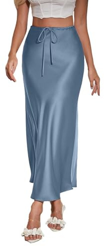Sommarkjol dam elegant satinkjol dam lång siden midikjol hög midja kjol elegant midikjol enfärgad business maxikjol hög midja party kjol sommarkjol avslappnad satinkjol damkjol, blå, XL