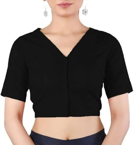 Fashnkart Blusa india Bollywood Sari de algodón para mujer Readymad Choli, cuello en V, media manga, abertura frontal, Negro, 62