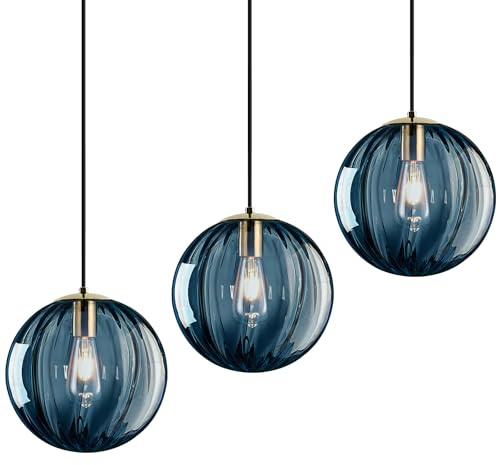 Modern Blue Glass Pendant Light, Kitchen Island Lighting 3-Pack Globe Pendant Light Fixtures Century Kitchen Island Pendant Lighting for Bedroom Living Dining Room Light Fixture (Without Bulb)