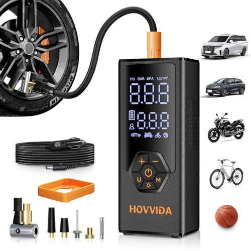 HOVVIDA Compressore Aria Portatile, Compressore Portatile, Batteria da 7800 mAh, 12V DC, 10,3 Bar (150 PSI), 40 L/min, Gonfiaggio Rapido, Pompa per MPV, SUV, Auto, Moto, Bicicletta, Pallone