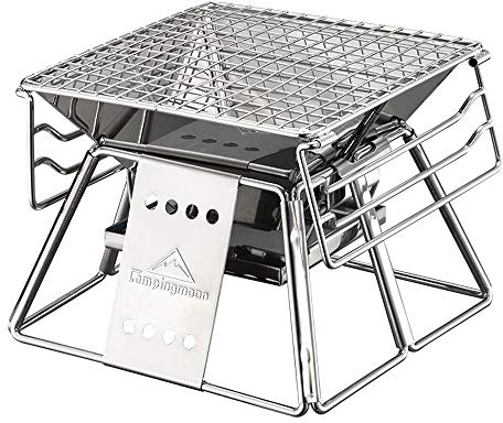 Campingmoon Foyer de camping portable pour feu de camp, barbecue pliable en acier inoxydable pour camping, voyage, jardin, cuisine, pique-nique, 1 à 2 personnes avec sac de transport