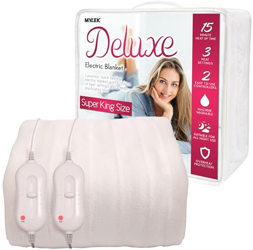 Mylek Manta eléctrica para cama Super King, funda de colchón con calefacción y doble control con falda elástica, tamaño 203 x 182 x 40 cm, protección contra sobrecalentamiento, calentamiento rápido,