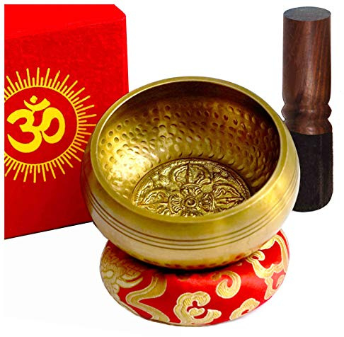 TARORO Cuenco Tibetano Ø12cm, Hecho a mano en Nepal ~ Diseño antiguo original ~ Vendido con un cojín de seda roja, un mazo y caja de papel Lotka roja ~ Para meditación de yoga ~ Un Regalo espiritual