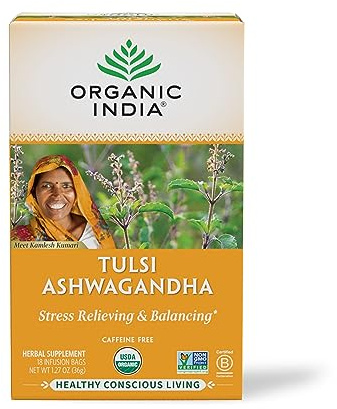 Organic India Calming Tulsi Herbal Tea Favorites - Holy Basil, Ashwagandha, Honey Chamomile, Sleep - Adaptogen, Vegan, USDA Certified Organic, Non-GMO - 18 Infusion Bags