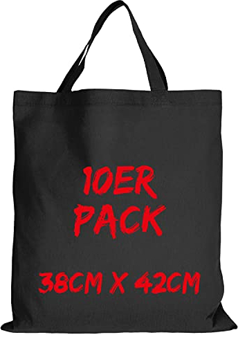 TEXXILLA Baumwolltasche - 10er Pack | Schwarz | mit Zwei kurzen Henkeln | 38x42cm | Jutebeutel | Einkaufstasche | unbedruckt