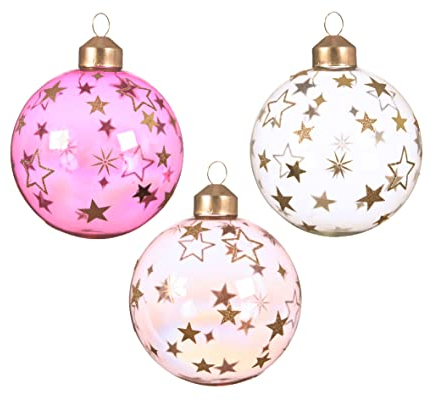 Kaemingk Bolas de Navidad de cristal, 8 cm x 3 unidades, con estrellas, brillantes, transparentes, rosa y rosa