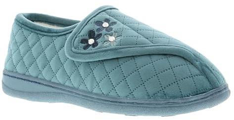 MyShoeStore Dr Keller Orthopaedic Wide Fit Slippers for Women with Touch Fastening, Plush Upper and Hard-Wearing Sole, Turquoise, 7 UK