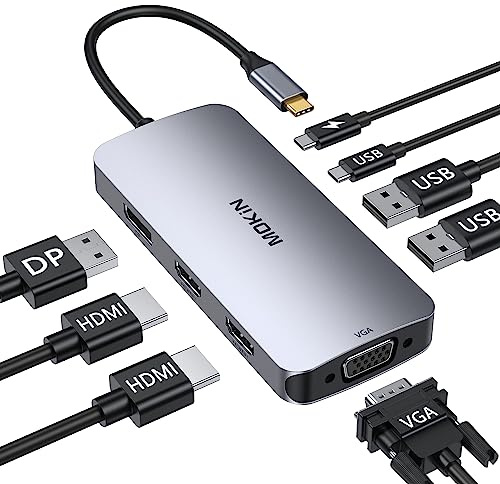 MOKiN Station d'accueil USB C Double Moniteur, Dock USB C 8 en 1 vers Dual HDMI et DisplayPort et VGA, 100W PD, 3 USB 2.0, Docking Station Quadruple Affichage pour Dell, HP, Lenovo, ASUS, Microsoft