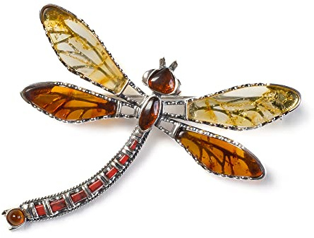 Dragonfly Pin Brooch in 925 Sterling Silver and Baltic Amber, Women's Dragonfly Brooch, Statement Brooch, Insect Brooch, Boho Jewellery