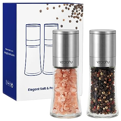 Vzaahu Kleine Salz und Pfeffermühlen 2er-Set mit Keramikkern,Zimt,Einstellbare Grobheit,Farbe Silber,Tragbare,Nachfüllbare Gewürzmühlen