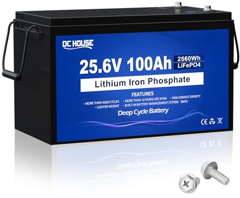 DCHOUSE Batterie au lithium LiFePO4 24V 100Ah rechargeable avec plus de 4000 cycles de profondeur et protection BMS pour installation solaire, camping-car, bateau, maison, kit de panneaux solaires