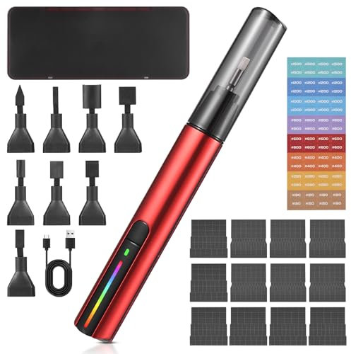 Hanzete Reciprocating Detail Sander Tool with 8pcs Sanding Head 3 Speed Adjustable Colorful Light Cordless USB Charging Electric Pen Sander with 12 Sheet Self-Adhesive Sandpaper and Storage Box