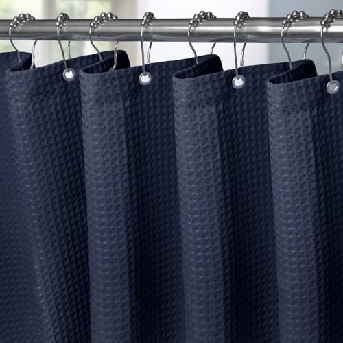 VANZAVANZU Shower Curtain for Bathroom with Metal Hooks Waffle Fabric Shower Curtain Heavy Duty Bath Curtain for Wet Room Bathtub Shower Stall, Weighted Hem, Waterproof - 275 x 182cm (Navy Blue)