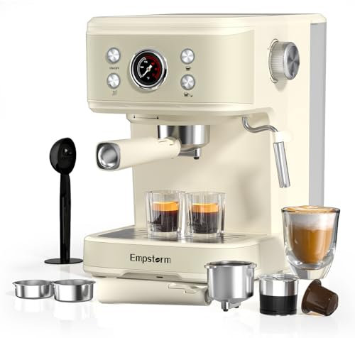 Empstorm 20 Bar Espresso Siebträgermaschine Kaffeemaschine mit 1250 Watt, Professionellem Milchaufschaumdüse, Espressomaschine für Cappuccino, Latte & Macchiato, 1,5L Wassertank, Weiß