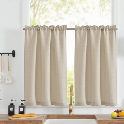 TOPICK Rideaux Cuisine Court Beige 70L x 75H(cm) pour Meuble Bas Placard Fenetre,à Passe Tringle Intérieurs,Petit Rideau Brise-Bise,Moderne,2 Panneaux