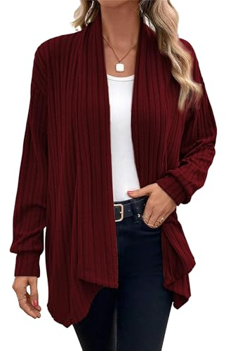 Chicrise Cardigan Donna Manica Lunga Elegante Maglioncino Maglia Leggero Spolverino Morbido Versatile RossoVino X-Grande 46-48 XL