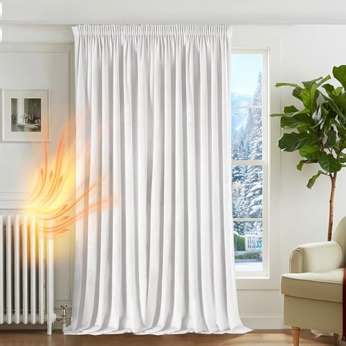 Deconovo Cortinas Térmicas Aislantes Frio y Calor de Terciopelo – Cortinas Opacas con Cinta Fruncidora para Salón y Dormitorio, 300×220 CM, Blanco, 1 Paneles