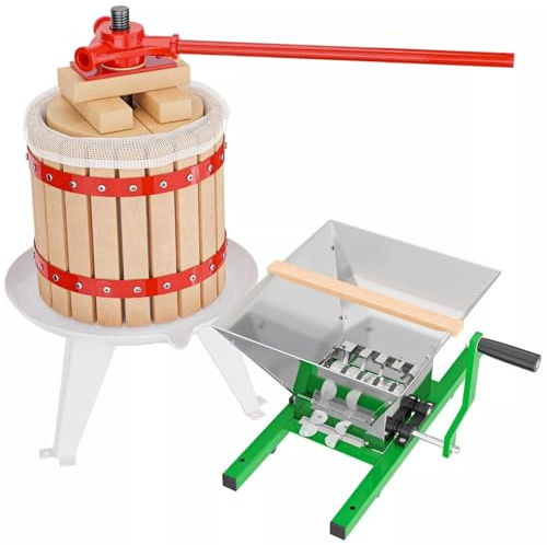 12L Fruit Press and 7L Fruit Mill Manual Juice and Cider Making Set Heavy Duty Fruit Wine Press and Crusher for Apple Grape Berry Juice Maker Home Brewing Cider Making Equipment for Kitchen Shop