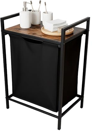 Relaxdays Cestino portabiancheria con ripiano, HLP: 72 x 50 x 33 cm, Porta Biancheria Portatile, Sacco 65L, Nero/Marrone