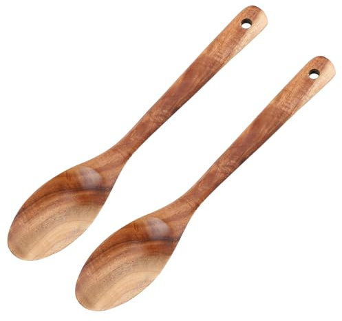 2 PCS Cuillère de Cuisine en Bois, 30 cm, Cuillere Bois Cuisine, Cuillère à Mélanger en bois à Long Manche, Ustensiles Bois Cuisine Durables pour Mélanger, Remuer et Cuisiner, Compatibles Antiadhésifs