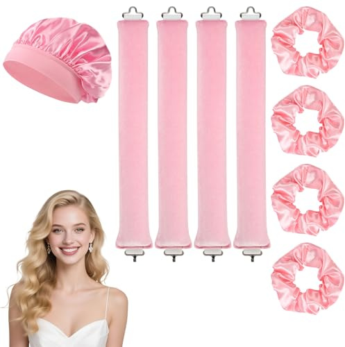 BUTBU Bigodino per Boccoli, Fascia Bigodino 9 Kit Fai da Te, Con Cuffia di Seta, Senza Calore, Con Fascia per Capelli, Morbido, per Salon Barber, Capelli Medi Lunghi- Rosa