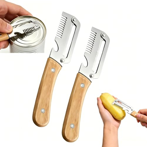 Multifunktionell grönsaksskalare för köket, rostfritt stål potatisskalare med trähandtag, sparskalare med trähandtag och integrerad flasköppnare, för frukt, grönsaker, flaskor (2 st)