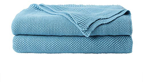 PiccoCasa 100% Cotton Knit Throw Blanket,Solid Lightweight Decorative Throws and Blankets,Soft Knitted Throw Blanket for Sofa Couch, Horizon Blue 50 x 60