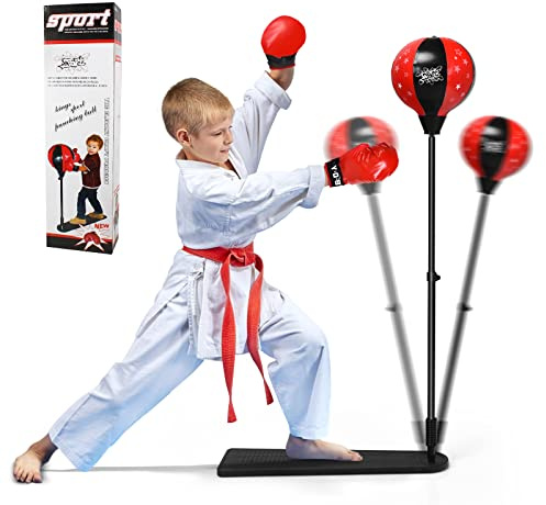 COSTWAY Punching Ball per Bambini e Adulti, Pungiball con Guanti e Pompa Manuale, Sacco da Boxe da Terra Altezza Regolabile 85-130cm