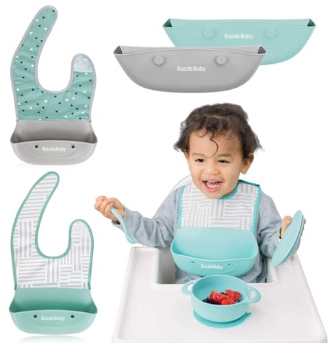 Bazzle Baby Silicone Bibs for Babies - Waterproof Baby Bibs with Food Catcher, Adjustable Snap Closure, 2-Pack - Best Baby Bib for Eating, Silicone Bib for Toddlers, Easy to Clean, BPA-Free (mint)