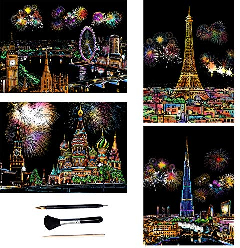 ShipeeKin 4X Kratzbilder, 290x210 MM Sehenswürdigkeiten Wandbild, Beschichtete Bunte Kratzpapier mit Werkzeug Set (Fireworks City)