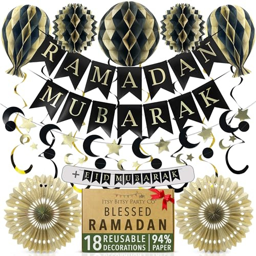 Premium Reusable Eid Decorations for Home - Ramadan Decorations - 3-in-1 Banner spells Eid Mubarak, Ramadan Mubarak & Ramdan Kareem - Fast Assembly with Velcro (Black & Gold)